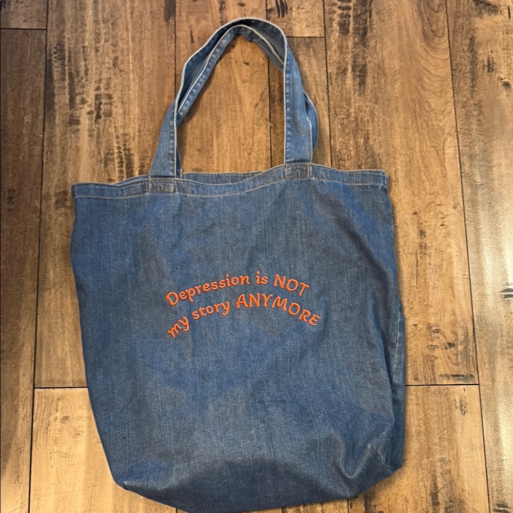 Blue Denim Tote Bag with Orange Embroidery
